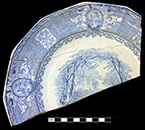Printed underglaze refined white earthenware 10-sided plate with romantic motif pattern named “Panama”. Printed manufacturer’s mark on reverse, most likely for E. Challinor & Co., Staffordshire (1854-1862). Rim diameter: 10.25” from 18BC27, Feature 30.